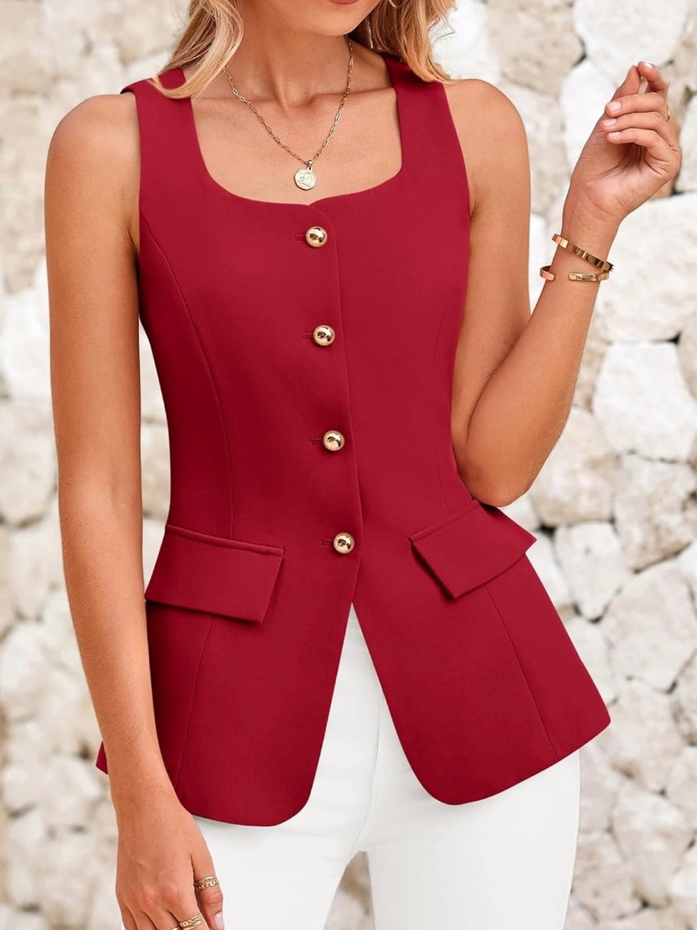Sleeveless Red Peplum-Style Button Front Top